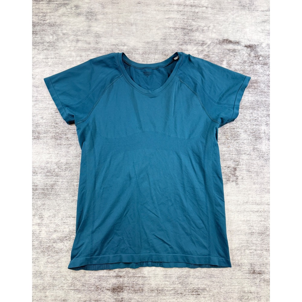 Athleta Womens XL Seamless Short Sleeve Performance Top Teal Blue Athletic Tee